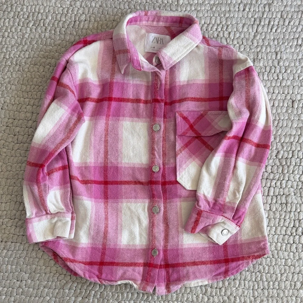 Zara Girls Kids Pink and White Checkered Button Down Shirt size 8